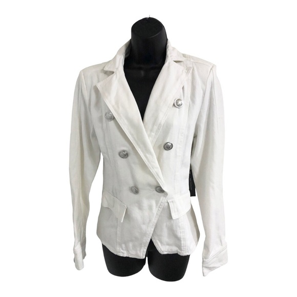 White stretch denim double breasted military style jean‎ jacket size medium new - Picture 10 of 16